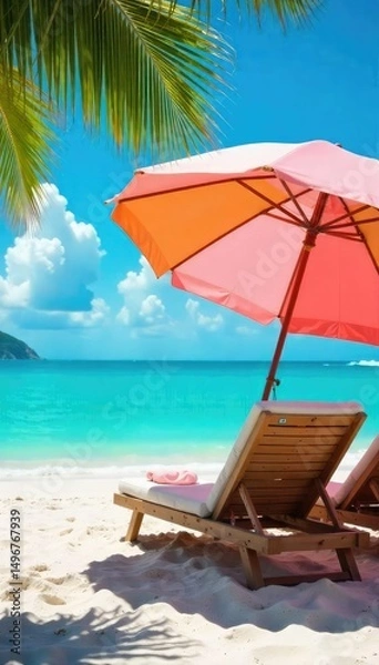 Obraz Vibrant beach umbrella providing shade on a sunny day Perfect for summer vacation imagery, travel brochures, and website banners Shows the relaxing atmosphere of a tropical resort , blue, fabric