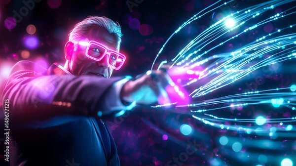 Fototapeta An old man interacts with a neural network display and the glowing connections of AI. The concept of technology, and the fusion of human intellect with advanced machine learning. Generative AI.