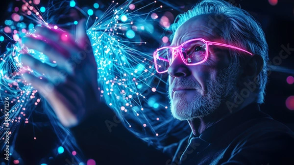 Fototapeta An old man interacts with a neural network display and the glowing connections of AI. The concept of technology, and the fusion of human intellect with advanced machine learning. Generative AI.
