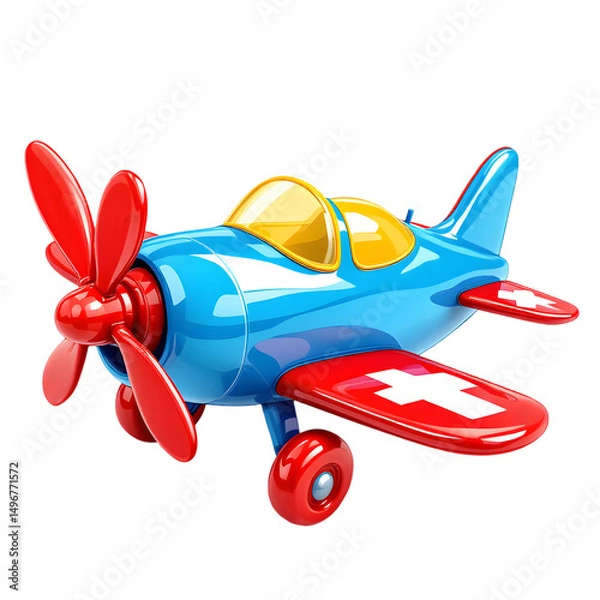 Fototapeta A glossy toy airplane with red propeller and wings on a black background