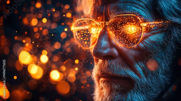 Fototapeta An old man interacts with a neural network display and the glowing connections of AI. The concept of technology, and the fusion of human intellect with advanced machine learning. Generative AI.
