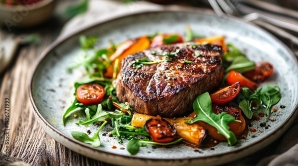 Fototapeta Juicy Grilled Steak with Roasted Vegetables and Arugula Salad