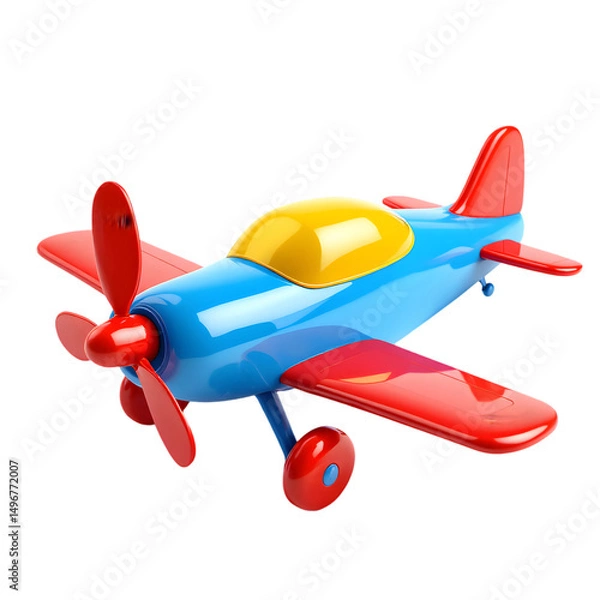 Fototapeta A colorful toy airplane with red wings and propeller on a black background
