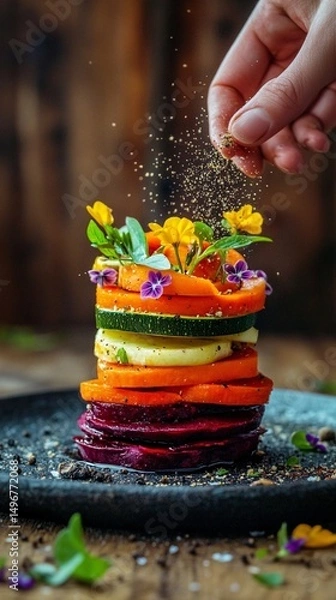 Fototapeta Elegant spiral tower made from colorful raw vegetables including beet, carrot, zucchini, and flowers on a ceramic plate