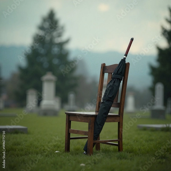 Obraz Single chair with black umbrella in somber mood symbolizing absence and remembrance in cemetery under cloudy sky with minimal elements