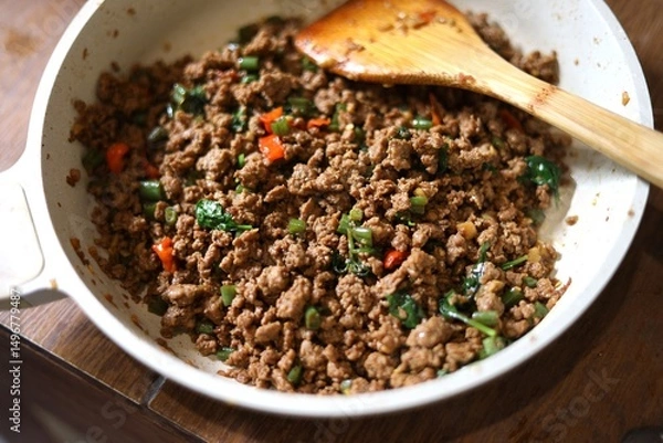 Fototapeta stir fried ground beef with chili and basil leaf