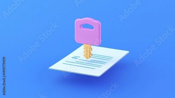 Fototapeta A golden key pierces a document on a blue background, symbolizing data security or access protection.