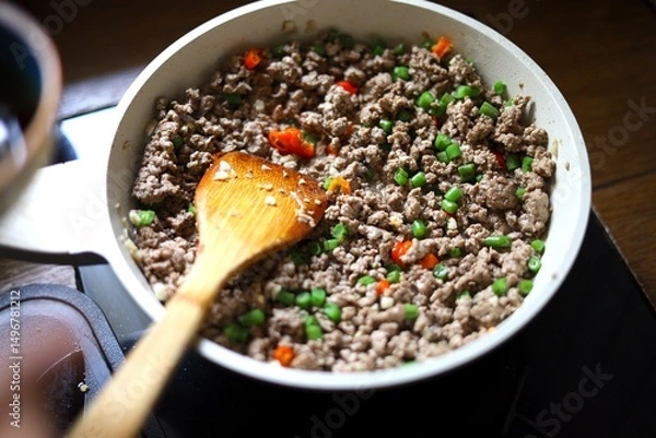 Fototapeta stir fry ground beef with chili and basil