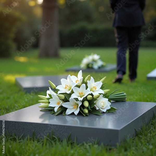 Obraz Funeral flowers on marble grave in quiet mourning mood symbolizing respect and memory with one person in black standing in peaceful cemetery background