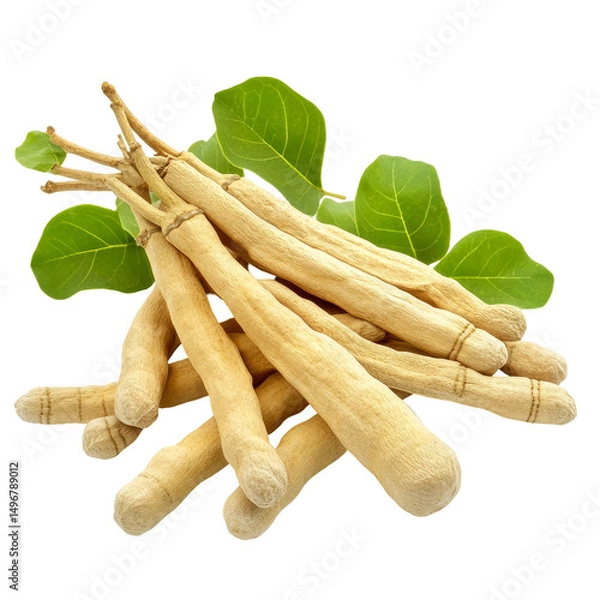 Fototapeta Shatavari Roots With Leaves on transparent or white Backdrop, Highlighting The Plant'S Natural Beauty And Potential Uses.