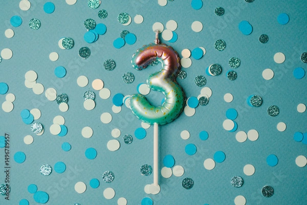 Obraz Colorful three-shaped candle with confetti for birthday celebration