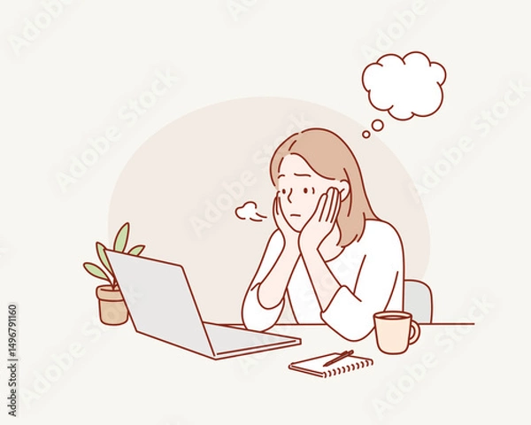 Fototapeta Exhausted Businesswoman Struggling with Workload. Hand drawn style vector design illustrations.