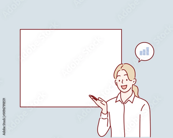 Fototapeta Businesswoman Pointing at Empty Space. Hand drawn style vector design illustrations.