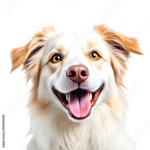 Fototapeta Close up portrait of a smiling white and tan dog with a pink tongue out