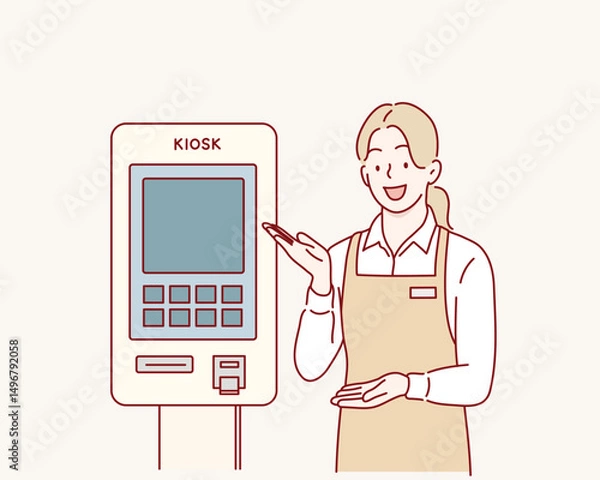 Fototapeta Store Clerk Assisting at Self-Service Kiosk. Hand drawn style vector design illustrations.