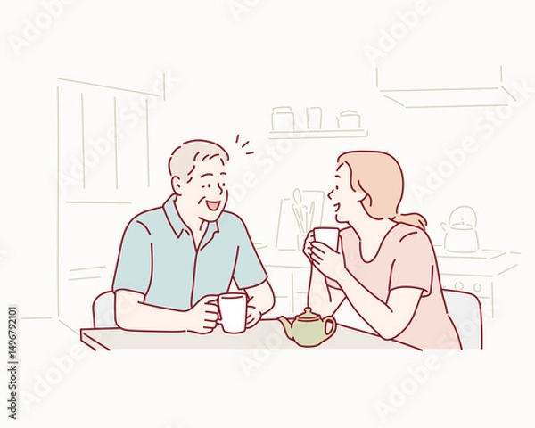 Fototapeta Senior father and Adult daughter Having Coffee and Talking. Hand drawn style vector design illustrations.