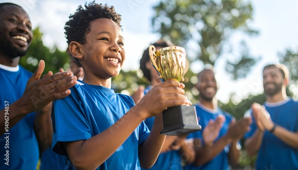 Obraz A group of smiling adults enthusiastically clapping to celebrate a young boy’s victory in a sports event. The boy, holding a small trophy