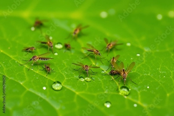 Fototapeta Group of small insects resting on a wet green leaf in nature  