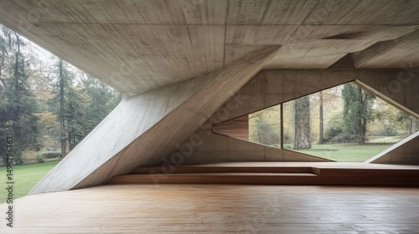 Fototapeta Modern concrete architecture with wooden accents, showcasing a park view
