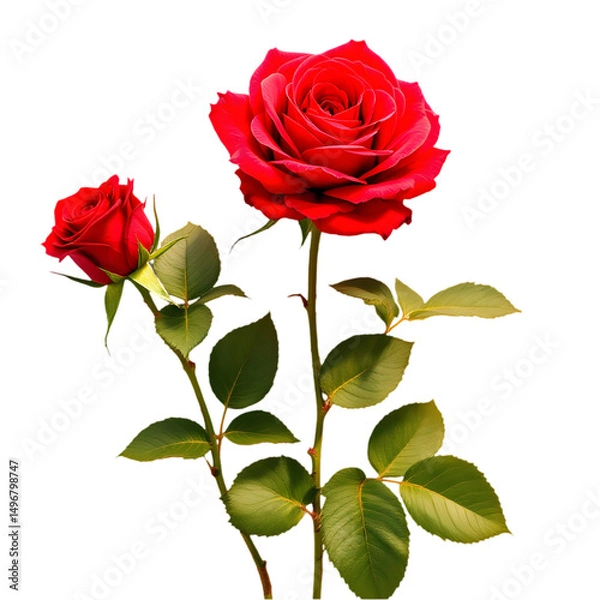 Fototapeta A pair of red roses with green leaves isolated on a black background