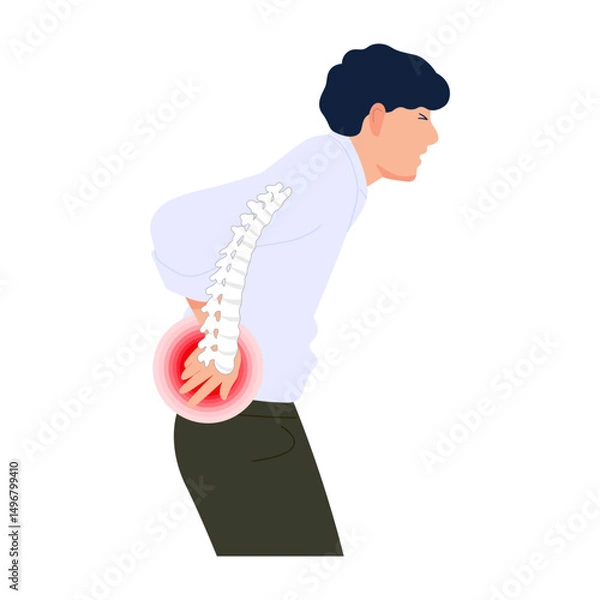 Fototapeta Vector illustration of man with back pain at spine with red warning sign while bending down or standing up from sitting. Sprained waist, fragile back. Flat design isolated on white background.