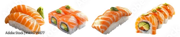Fototapeta Fresh Salmon Sushi Rolls and Slices on a White Background Isolated Transparent Background