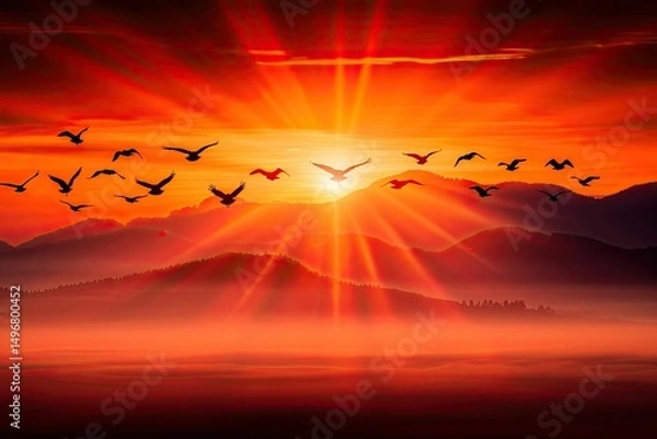 Fototapeta Majestic Sunrise Over Serene Landscape with Silhouetted Birds in Flight Creating a Breathtaking Safari Experience in Nature's Splendor and Tranquility