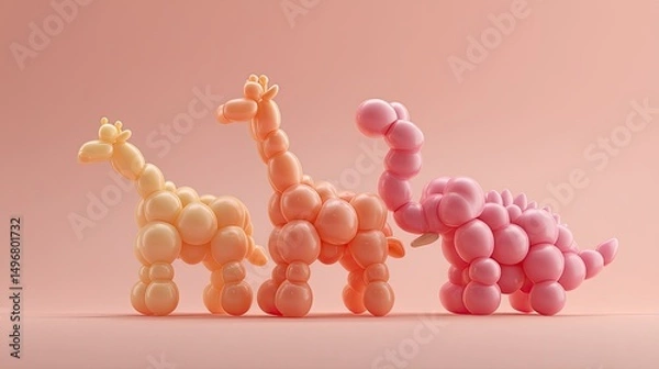 Fototapeta 3D balloon animal parade (giraffe/elephant/dinosaur) for Children's Day, matte latex texture with Pantone 2025 colors gradient, soft diffused lighting, no shadows, perfect for festive decorations
