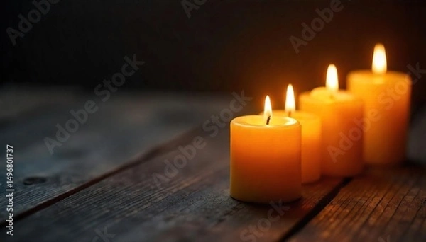 Obraz Close-up of several lit beeswax worship candles, casting a warm glow on a dark wooden surface  Perfect for religious, spiritual, or meditation themes ,  ceremony,  atmosphere,  ritual