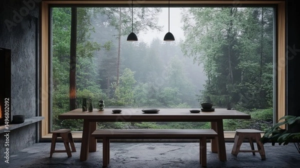Fototapeta Modern minimalist dining room with a large window overlooking a misty forest