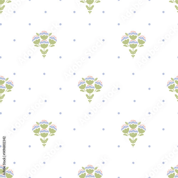 Obraz Blue folk art vector ornament, flower and heart seamless border naive pattern on dotted white background. Vector cute cartoon hand drawn illustration. Ideal for textile print, kids wear, wallpaper
