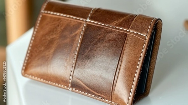 Obraz Brown leather wallet with stitched compartments