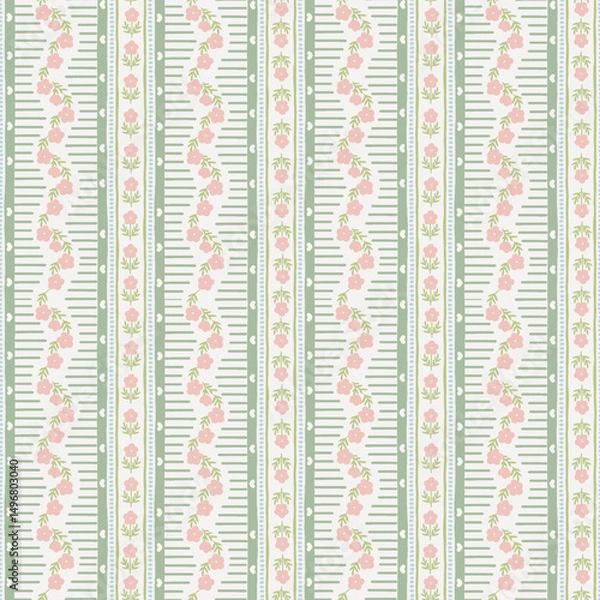 Obraz Vector cute cartoon hand drawn illustration. Pink flower and leaf seamless pattern on vertically striped background with heart Ideal textile printing, baby clothes, wallpaper, scrubbing.
