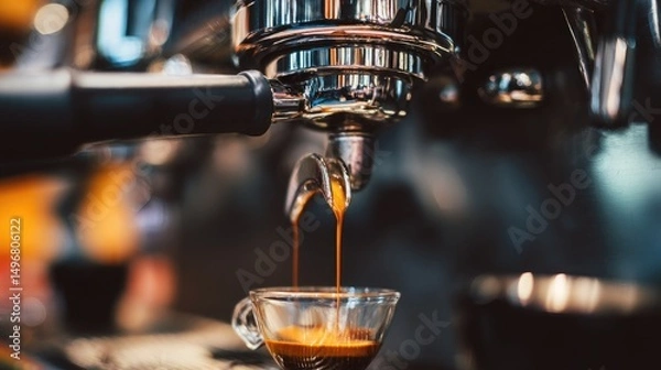 Obraz Espresso coffee pouring from an espresso machine at a bar in a modern cafe background, close-up. Copy space.