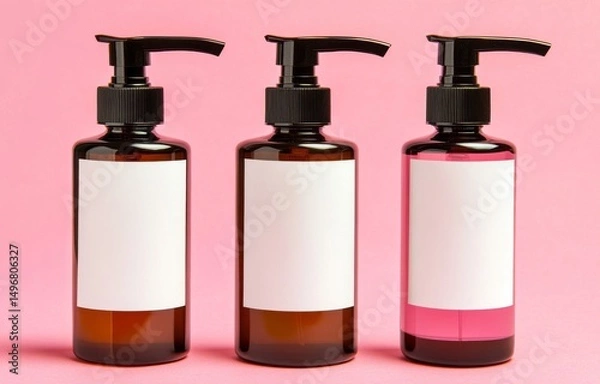 Fototapeta Mockup of a glass bottle in transparent, amber, or black, paired with a blank label in white