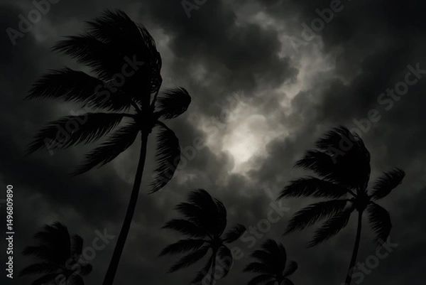 Fototapeta Silhouette of Palm Trees Swaying in the Wind Against a Dramatic Cloudy Sky at Night