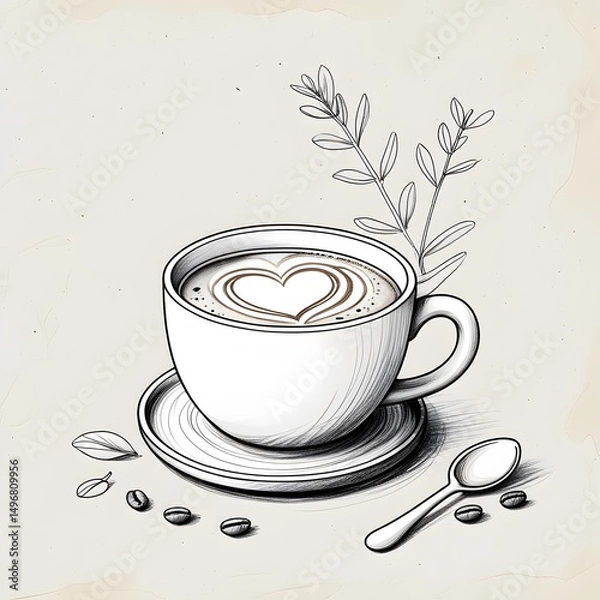 Fototapeta Coffee Cup with Heart Latte Art and Coffee Beans on a Neutral Background Illustration