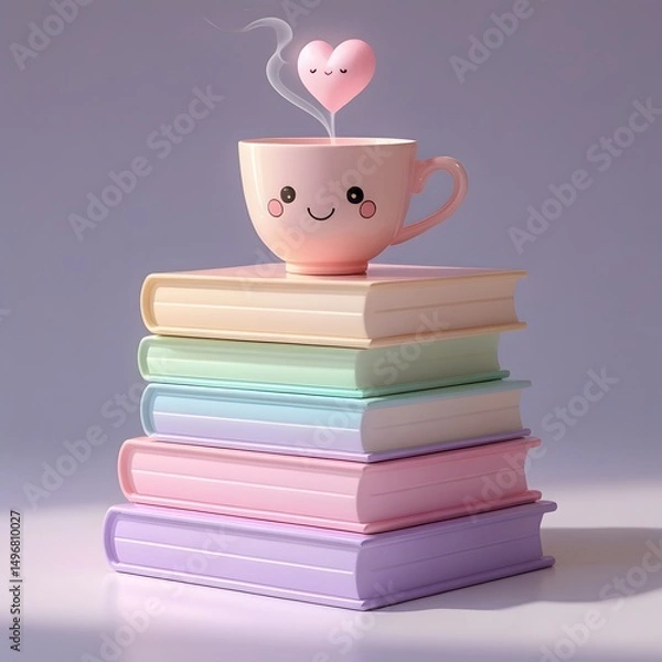 Fototapeta Charming Pink Cup with Heart on Stack of Pastel Books Still Life Illustration