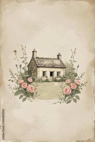 Fototapeta Quaint Cottage Surrounded by Roses Illustration on Aged Paper Serene Countryside Scene