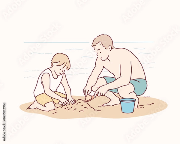 Fototapeta Father and son Playing in the Sand at the Beach. Hand drawn style vector design illustrations.