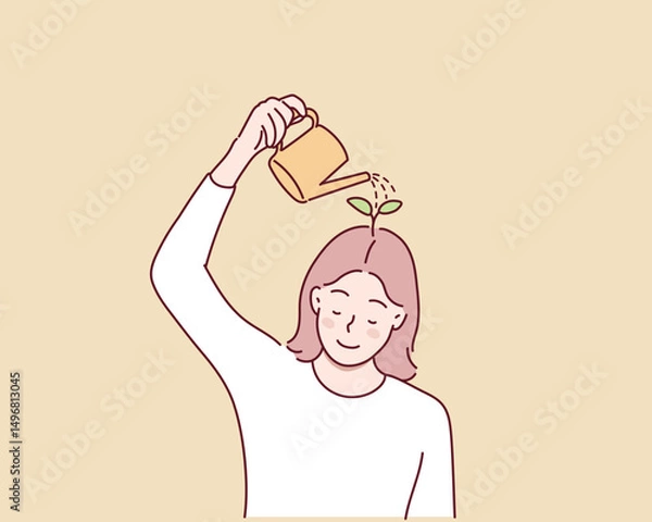 Fototapeta Thinking positive mindset. Girl watering flowers on her head with watering can. Conscious woman optimist. Good mood and happy character. Hand drawn style vector design illustrations.