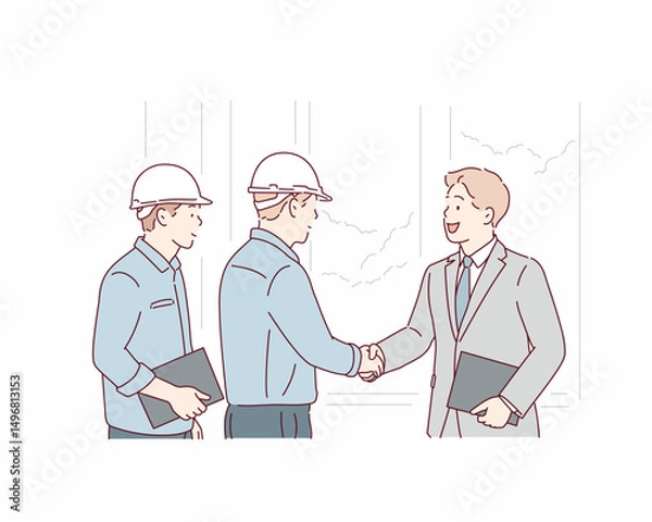 Fototapeta Engineer Team Meeting with Businessman at Construction Site. Hand drawn style vector design illustrations.