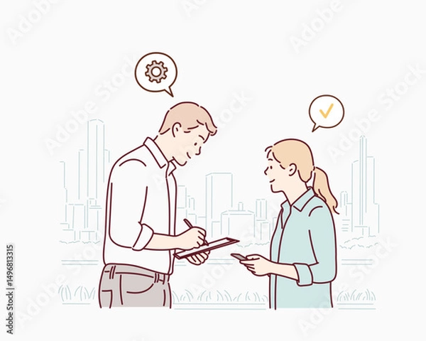 Fototapeta Man and Woman Having a Business Conversation.
Hand drawn style vector design illustrations.