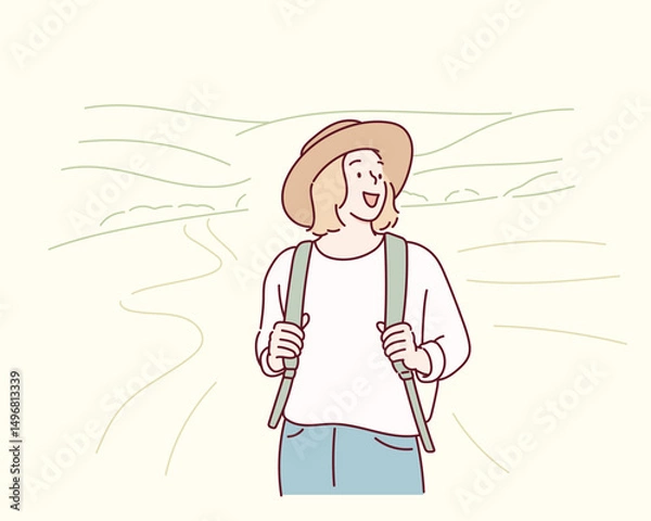 Fototapeta Woman Hiking in the Mountains Feeling Free. Hand drawn style vector design illustrations.