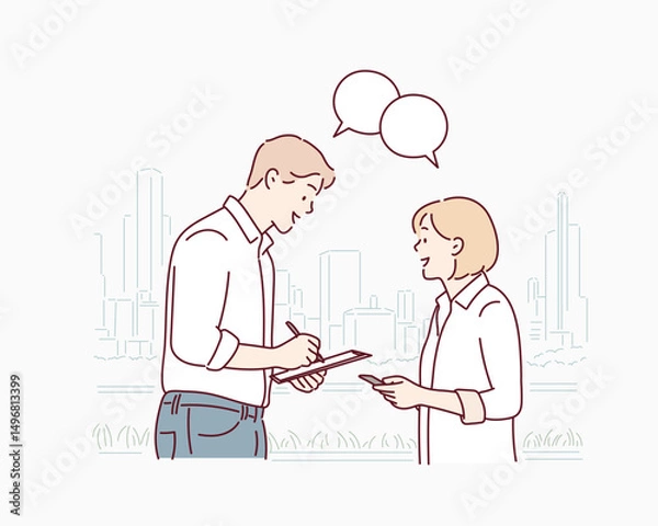 Fototapeta Man and Woman Having a Business Conversation.
Hand drawn style vector design illustrations.
