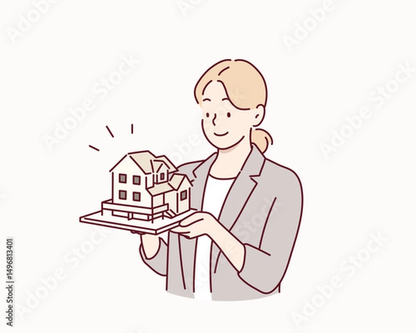 Fototapeta Architect Holding a House Model. Hand drawn style vector design illustrations.