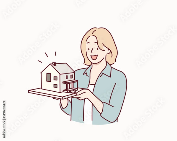 Fototapeta Architect Holding a House Model. Hand drawn style vector design illustrations.