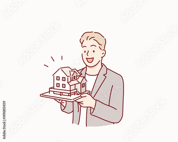 Fototapeta Architect Holding a House Model. Hand drawn style vector design illustrations.