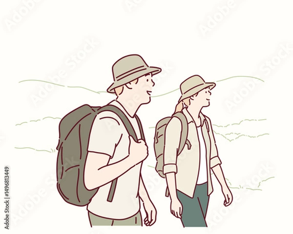 Fototapeta Man and Woman Hiking Together in the Mountains. Hand drawn style vector design illustrations.
