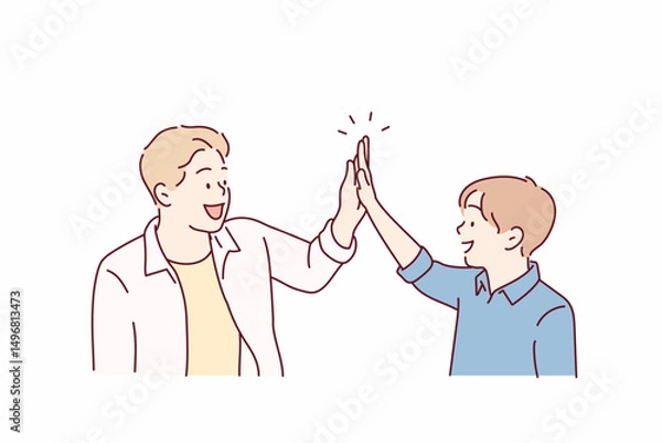 Fototapeta Happy Father and Son Giving High Five. Hand drawn style vector design illustrations.